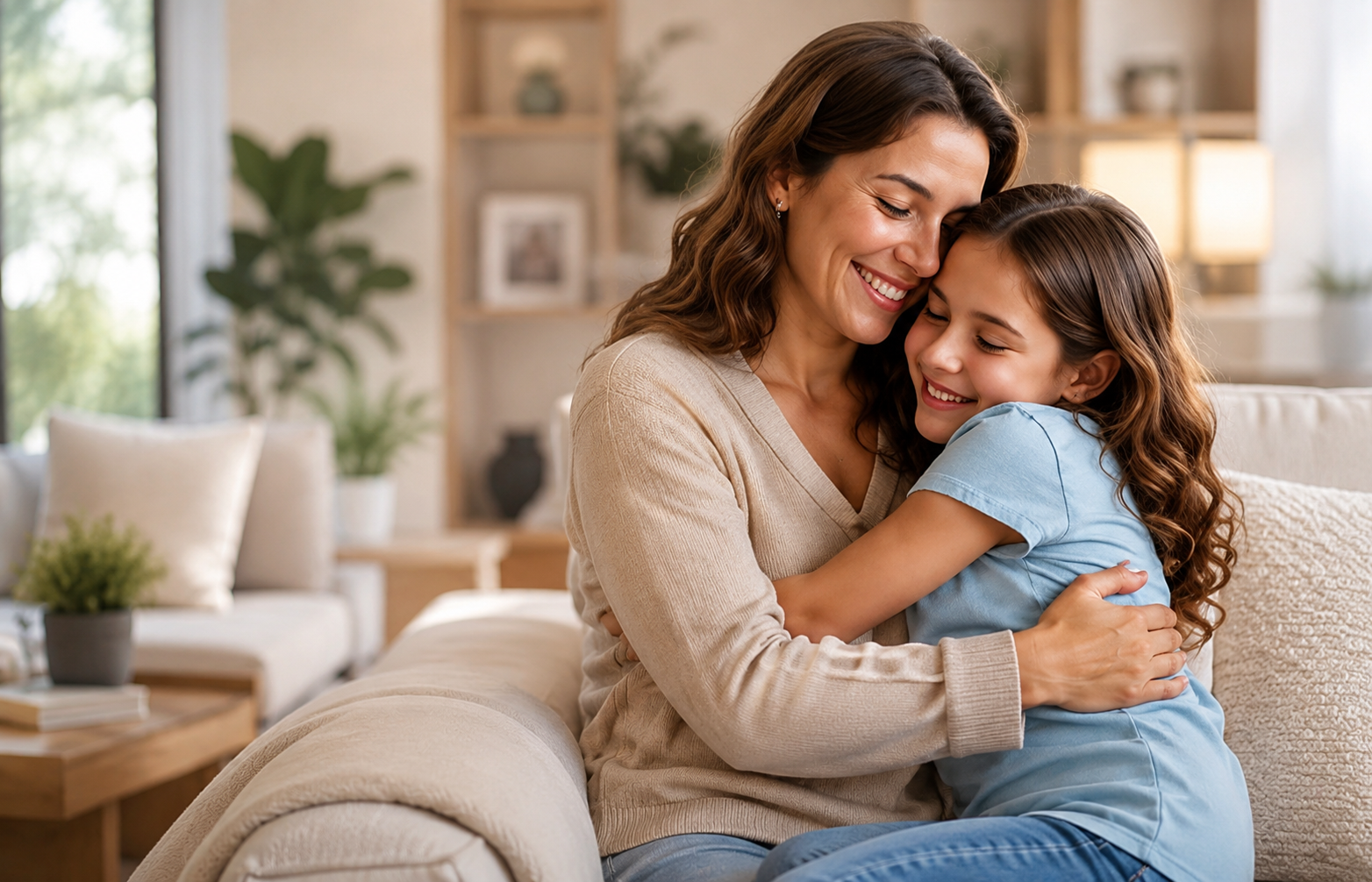 Mãe abraçando a filha em uma sala acolhedora